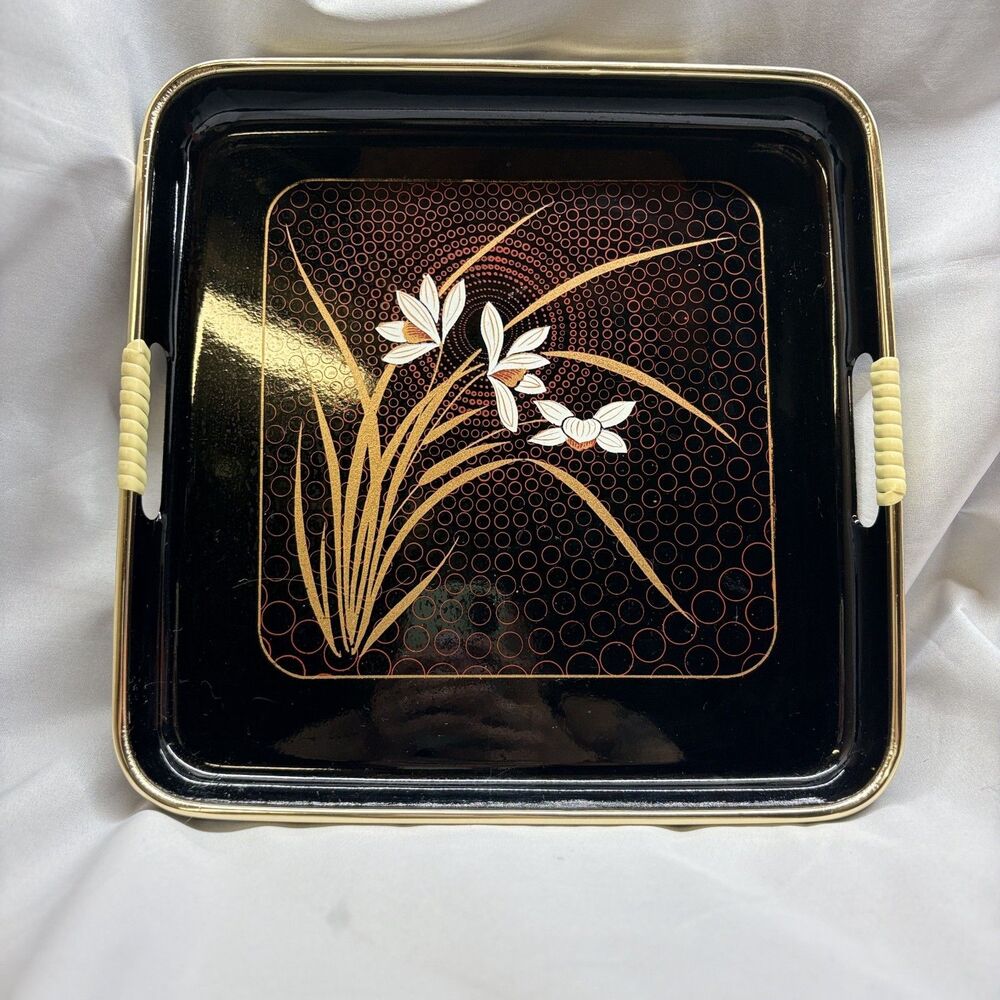 Vintage Japanese Lacquerware Tray Black Gold Iris Orchid Floral MCM Bar Vanity